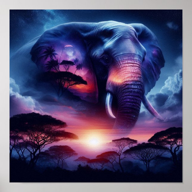 Elephant Silhouette at Sunset  Poster (Front)