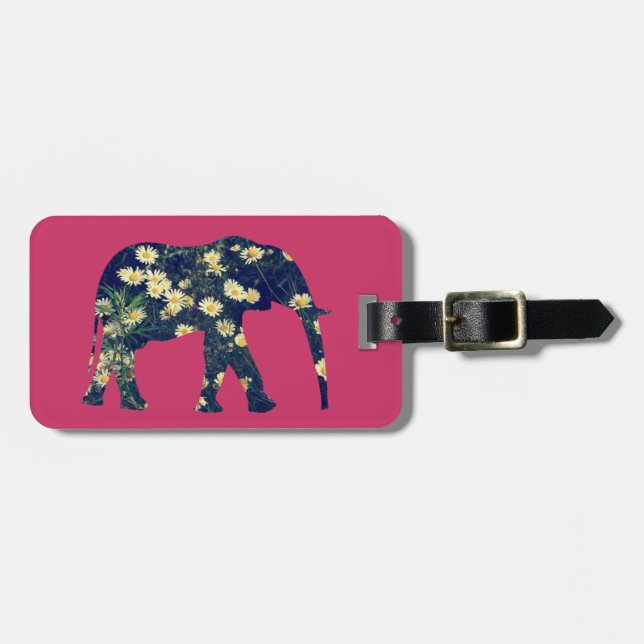Elephant Silhouette Daisies Burgundy Girly Luggage Tag (Front Horizontal)