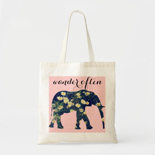 Elephant Silhouette Daisy Classy Girly Pink Tote Bag (Front)