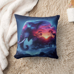Elephant Silhouette Merged with Vibrant Sunset Cushion