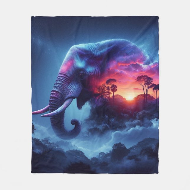 Elephant Silhouette Merged with Vibrant Sunset Fleece Blanket (Front)