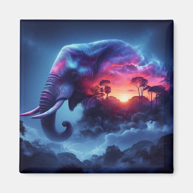 Elephant Silhouette Merged with Vibrant Sunset Magnet (Front)