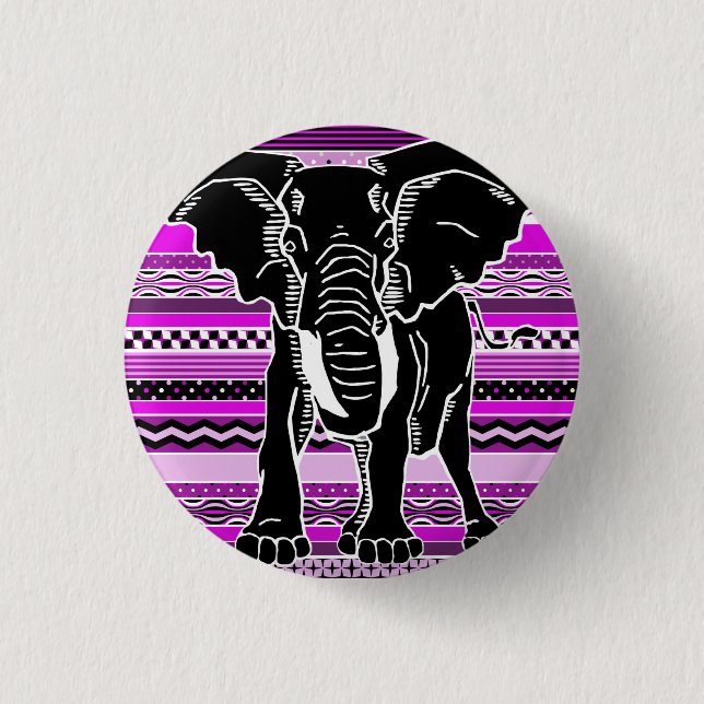 Elephant Silhouette on Purple Patterned Stripes 3 Cm Round Badge (Front)