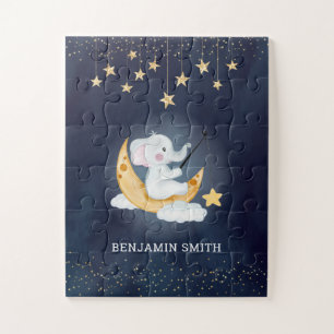 Elephant Sitting on Crescent Moon Navy Blue Jigsaw Puzzle