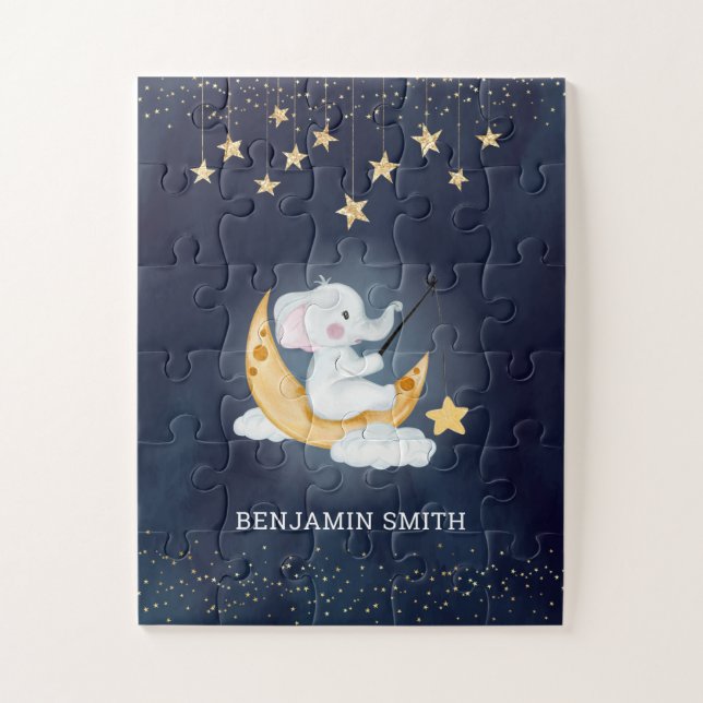 Elephant Sitting on Crescent Moon Navy Blue Jigsaw Puzzle (Vertical)