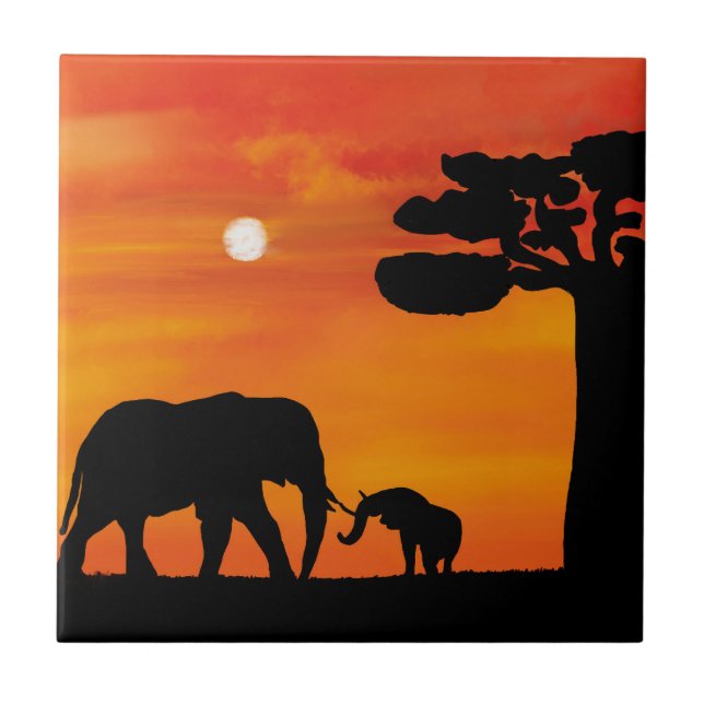 elephant, ,sky ,animals ,sunrise ,nature ,africa , tile (Front)