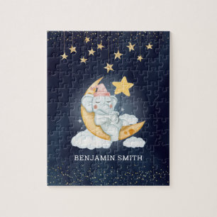 Elephant Sleeping on Crescent Moon Kids Name Jigsaw Puzzle