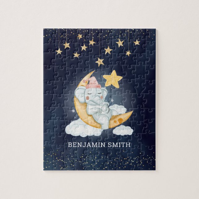 Elephant Sleeping on Crescent Moon Kids Name Jigsaw Puzzle (Vertical)