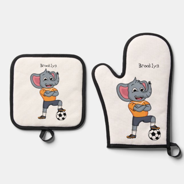 Elephant soccer player cartoon illustration oven mitt & pot holder set (Front)