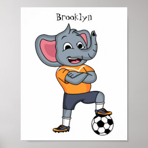 Elephant soccer player cartoon illustration poster