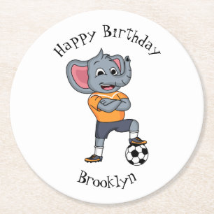 Elephant soccer player cartoon illustration round paper coaster