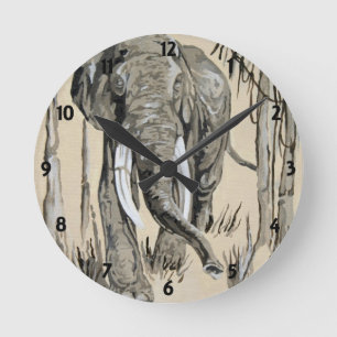 Elephant Strolling Through Wooded Savanna Art Round Clock