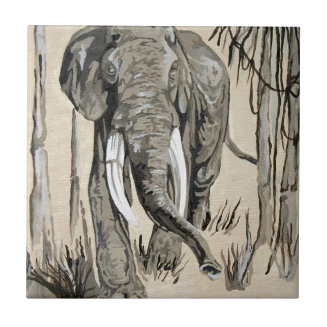 Elephant Strolling Through Wooded Savanna Art Tile (Front)