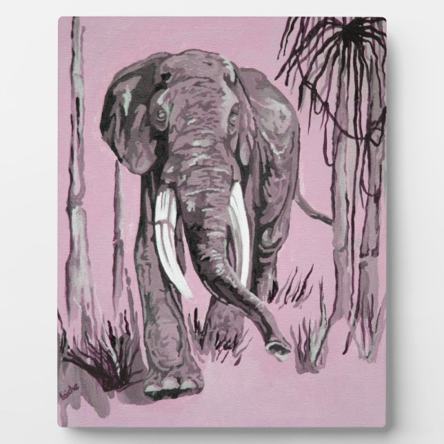 Elephant Strolling Through Wooded Savanna In Pink  Plaque (Front)