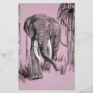 Elephant Strolling Through Wooded Savanna In Pink Stationery