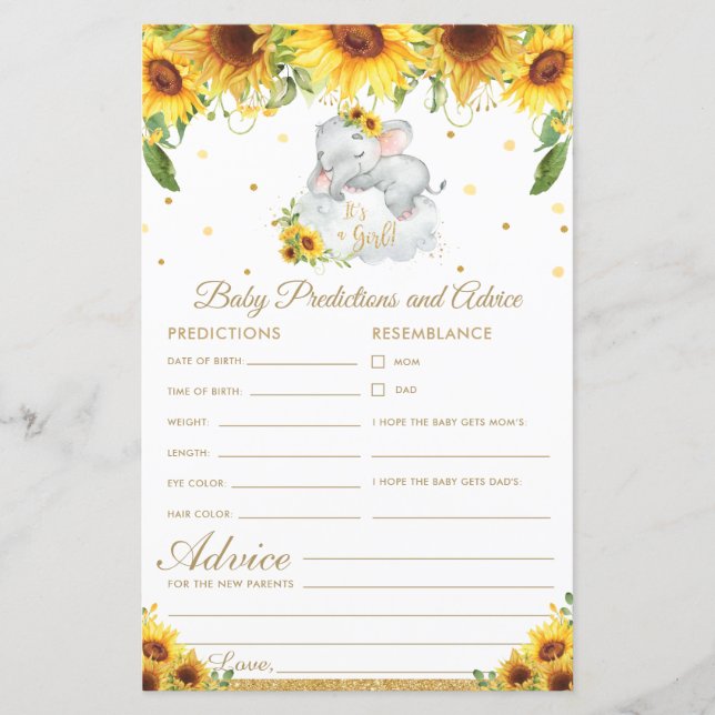 Elephant Sunflower Baby Predictions Advice Card (Front)