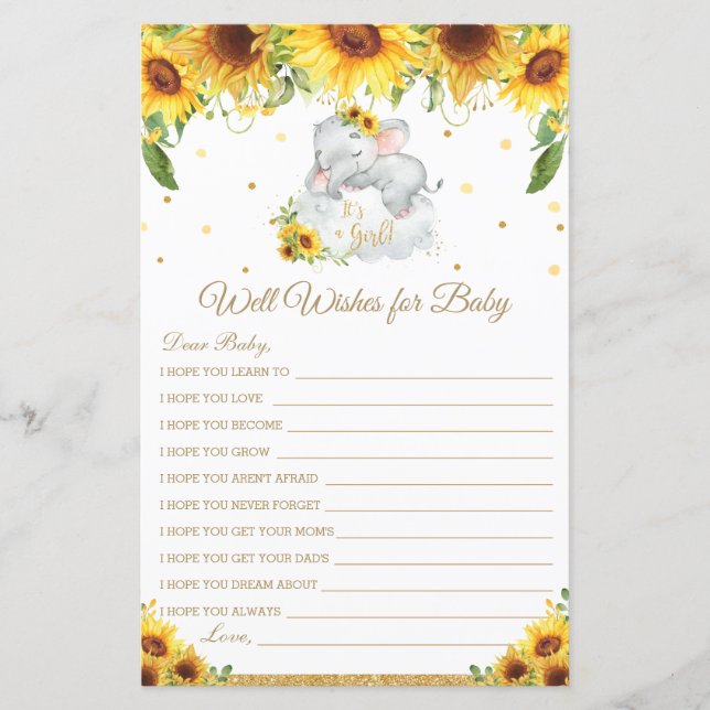 Elephant Sunflower Baby Well Wishes for Baby Card (Front)