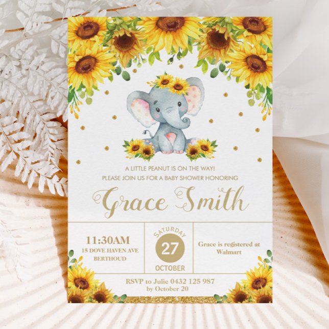 Elephant Sunflower Floral Baby Shower Girl Invitation (Creator Uploaded)