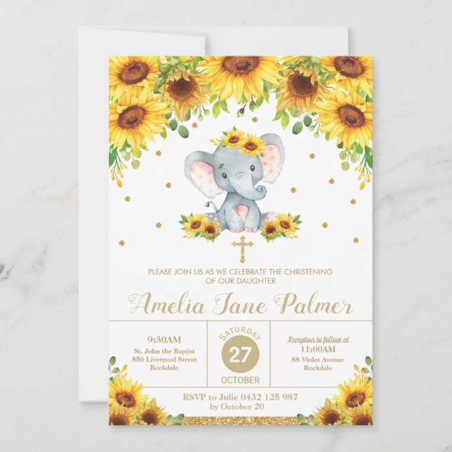 Elephant Sunflower Floral Christening Baptism Girl Invitation (Front)