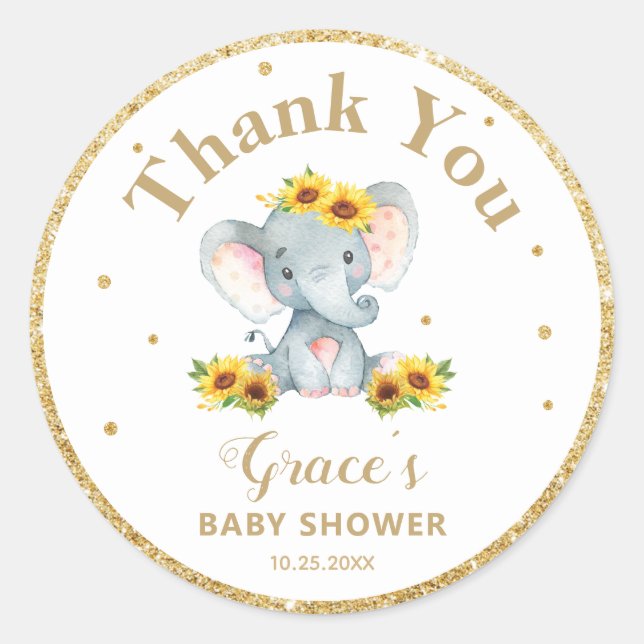 Elephant Sunflower Thank You Favors Gold Glitter Classic Round Sticker (Front)