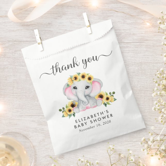 Elephant Sunflowers Baby Girl Shower Thank You Favour Bags (Clipped)