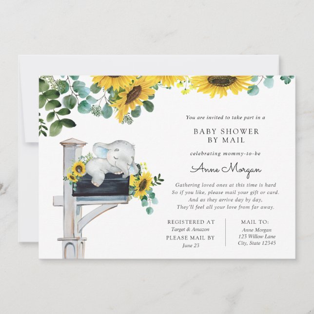 Elephant Sunflowers Baby Shower by Mail Invitation (Front)