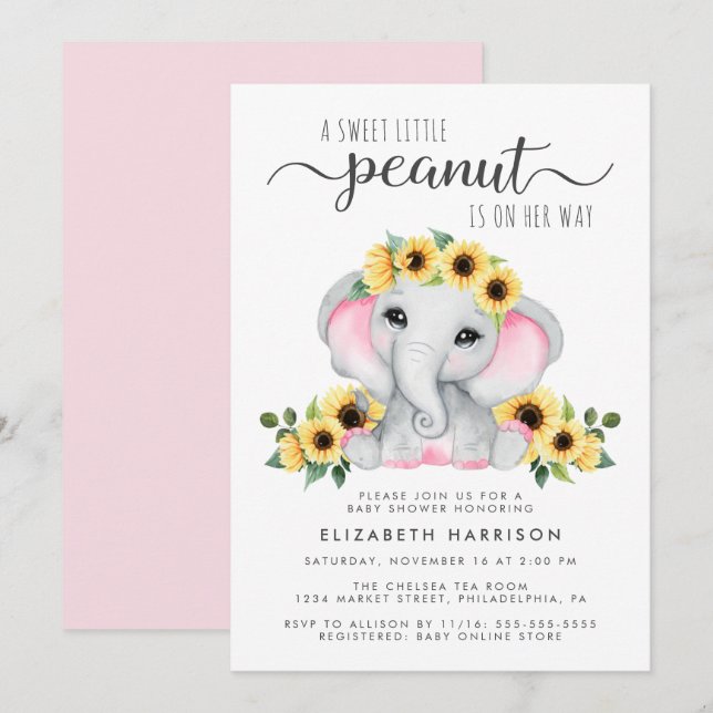 Elephant Sunflowers Pink Watercolor Baby Shower Invitation (Front/Back)