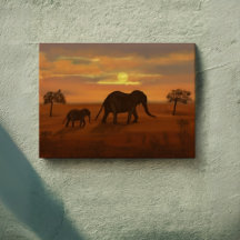 Elephant Sunset Oil Painting – Wrapped Canvas Wall