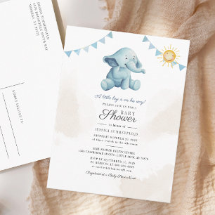 Elephant Sunshine Watercolor Boy Baby Shower Invitation Postcard