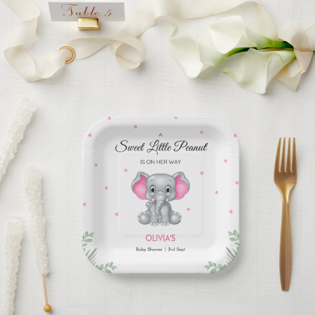 Elephant Sweet Little Peanut Girl Baby Shower  Paper Plate (Wedding)