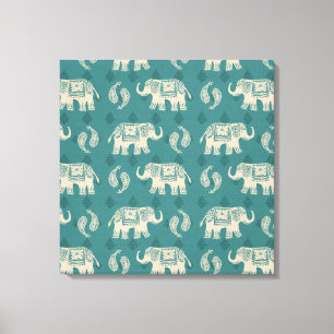 Elephant Teal Caravan Pattern Canvas Print