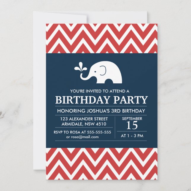 Elephant theme birthday boy party invitation (Front)