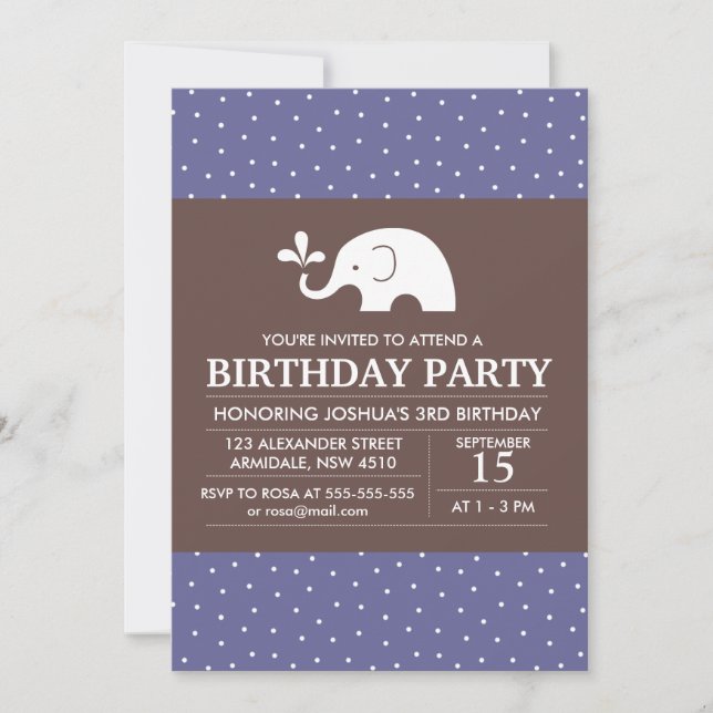 Elephant theme birthday boy party invitation (Front)
