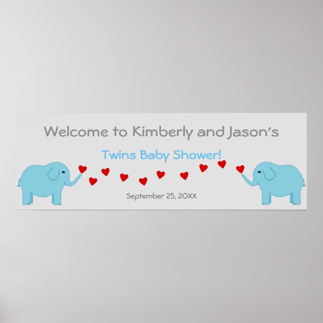 Elephant Theme Twin Boys Baby Shower Banner Poster (Front)