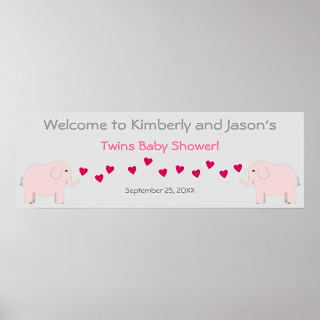 Elephant Theme Twin Girls Baby Shower Banner Poster (Front)