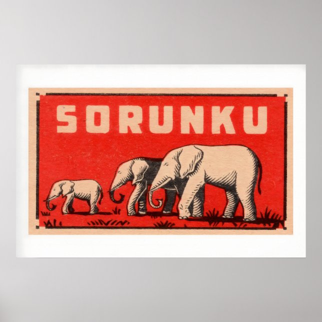 Elephant Three Elephants Vintage Matchbox Label Poster (Front)