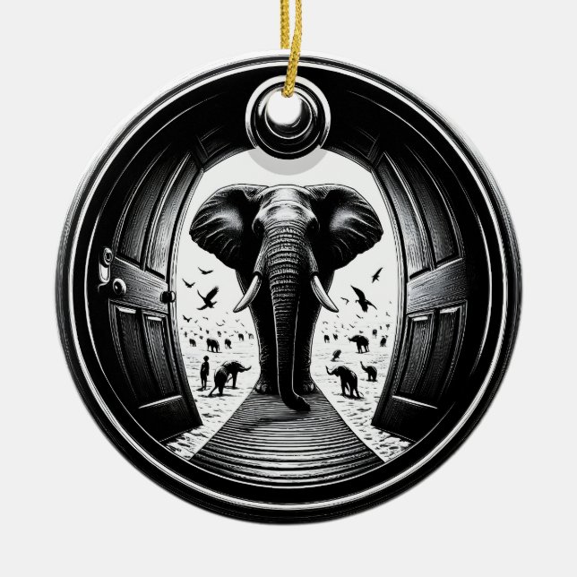 Elephant Through the Peephole Doorway | Fisheye Ceramic Tree Decoration (Front)