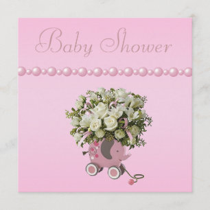 Elephant Toy, Flowers & Pearls Baby Shower Invitation