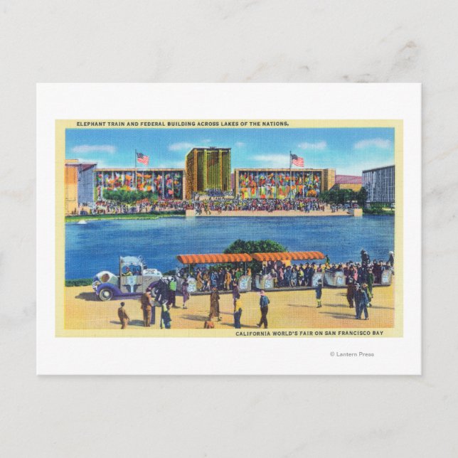 Elephant Train and Federal Bldg, CA Worlds Fair Postcard (Front)
