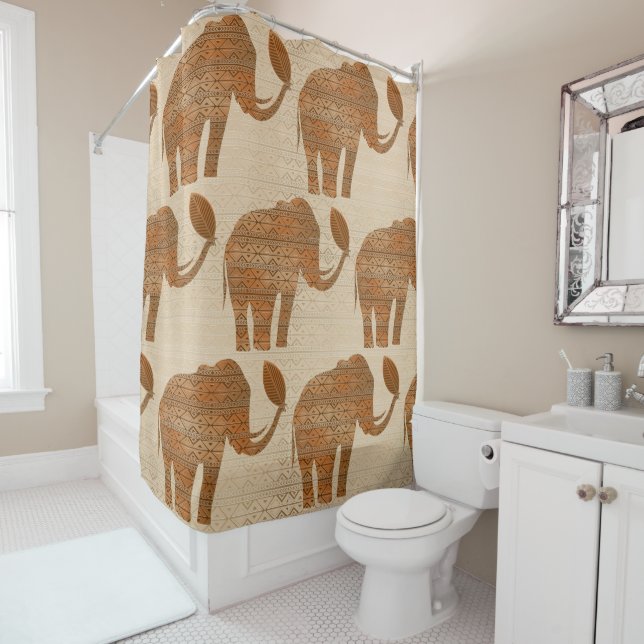 Elephant Tribal Art Design Shower Curtain (In Situ)