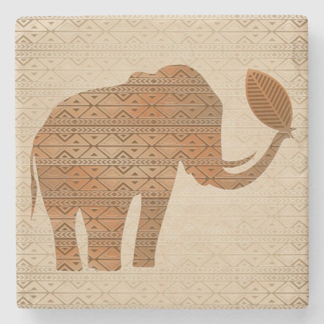 Elephant Tribal Art Design Stone Coaster (Front)