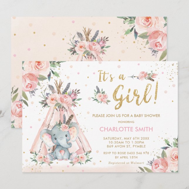 Elephant Tribal Blush Floral Girl Baby Shower Invitation (Front/Back)