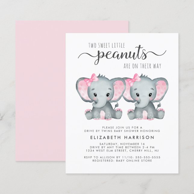 Elephant Twin Baby Girls Drive By Shower Invite (Front/Back)