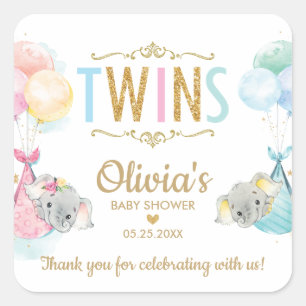 Elephant Twin Boy Girl Baby Shower Thank You Favor Square Sticker