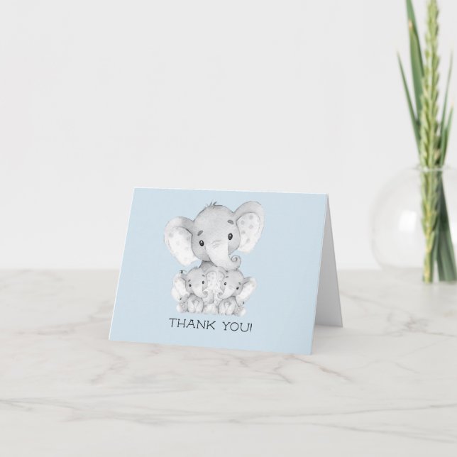 Elephant Twin Boys Baby Shower Thank You Note (Front)