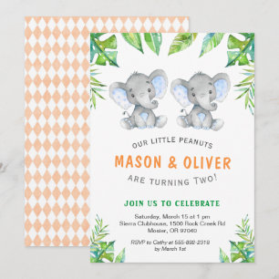 Elephant Twin Boys Birthday Little Peanuts Party Invitation