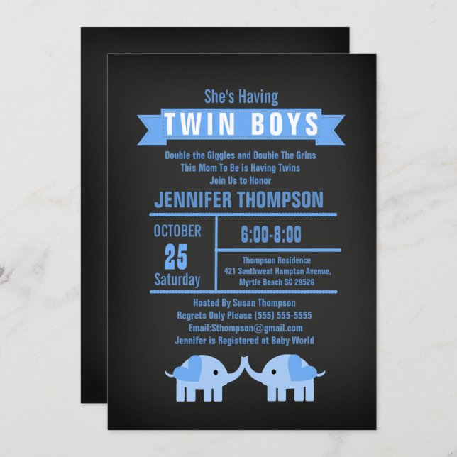 Elephant Twin Boys Chalkboard Baby Shower Invitation (Front/Back)