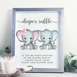 Elephant Twin Girl Boy Baby Shower Diaper Raffle  Poster