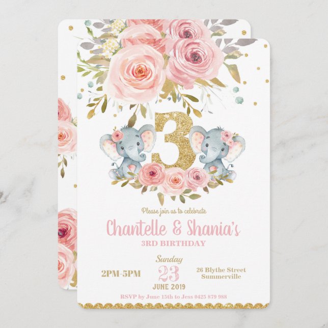 Elephant Twin Girls 3rd Birthday Invitation (Front/Back)