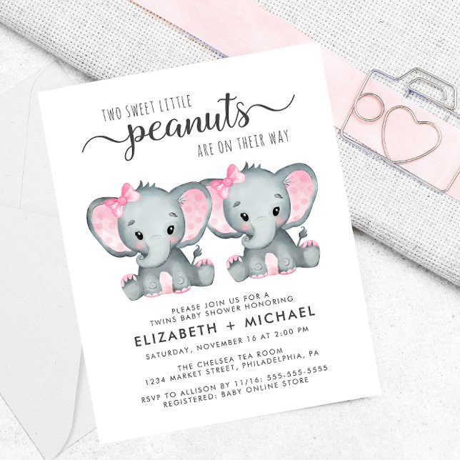 Elephant Twin Girls Baby Couples Shower Invitation (Creator Uploaded)